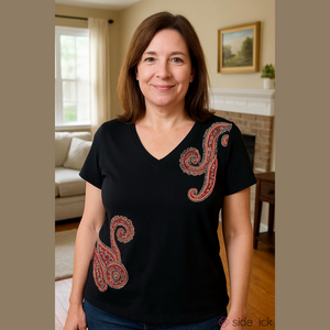 Tommy Hilfiger Black and Red Paisley Short Sleeve Cotton Tee XL